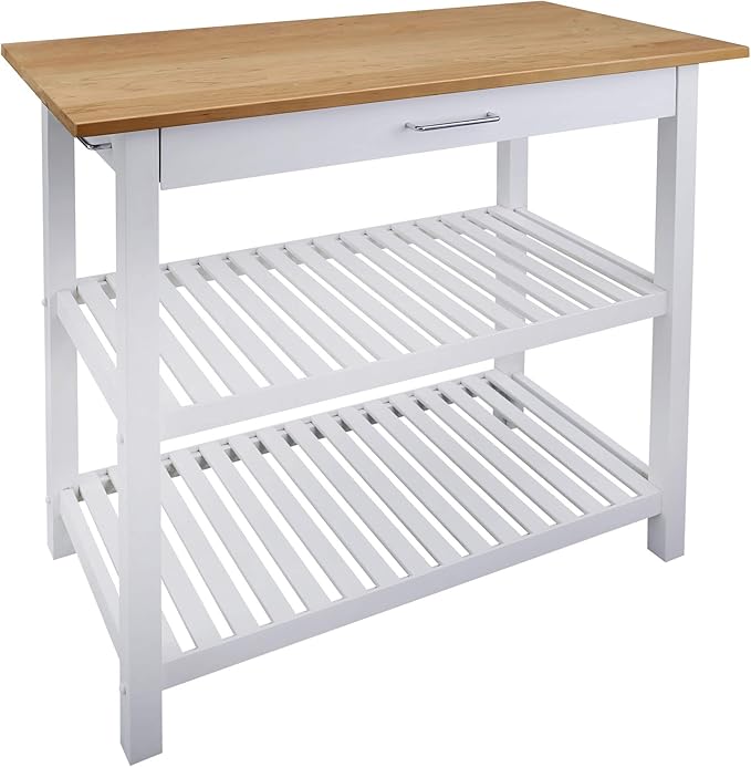 Kitchen Island with Solid Wood Top, White & Cherry Natural