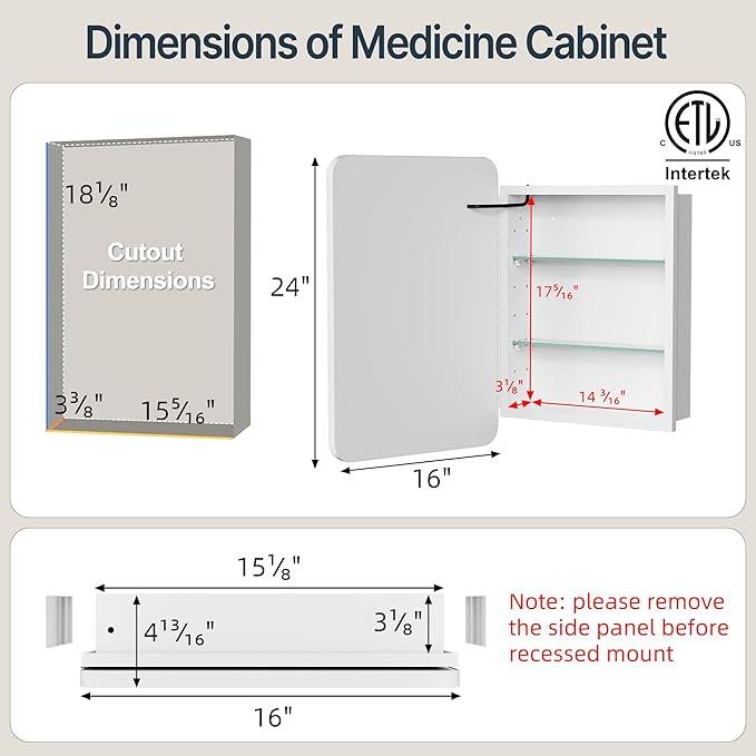 16x24 Inch Medicine Cabinet with Lights,Wall or Recessed Mounted LED Bathroom Mirror Cabinet, Defogger, Storage Shelf, 3 Color Dimmable Light with Memory Function, Left Hinge,White