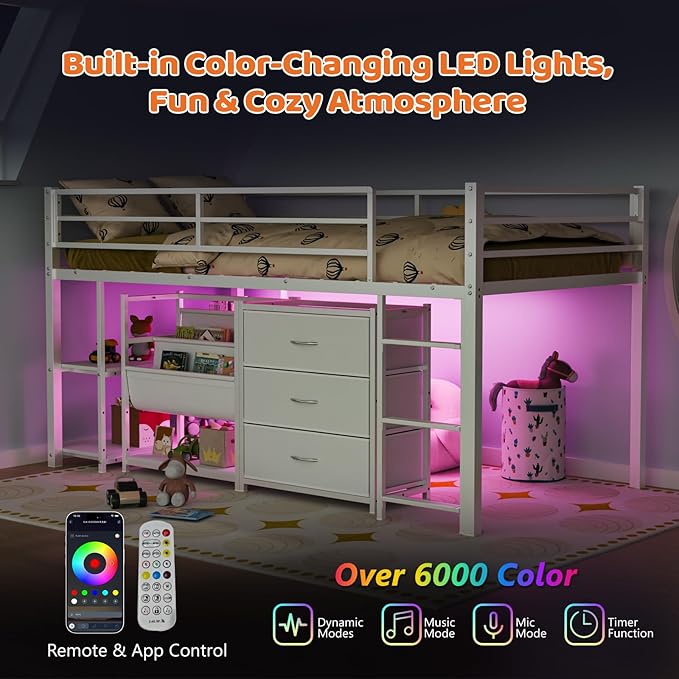 JOYMOR Low Loft Bed Twin Size with 3 Storage Drawers, 2 Tier Storage Shelves, 2 Tier Bookcase and LED Lights, Metal Kids Loft Bed with Safety Guardrail, Spave Saving Design (White)