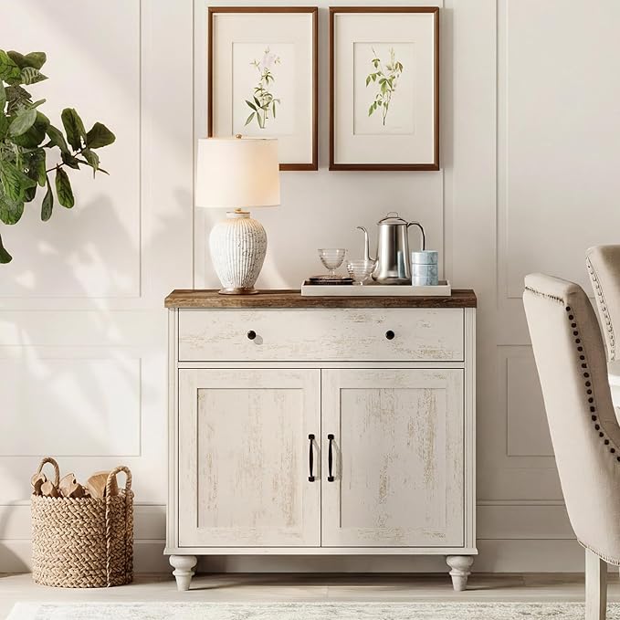 WAMPAT Buffet Cabinet with Doors & Drawer, Large Coffee Bar Table Wood Kitchen Storage Cabinets with Storage Cabinets, Modern Farmhouse Sideboard Credenza for Dining Room, Rsutic White, 34 inch