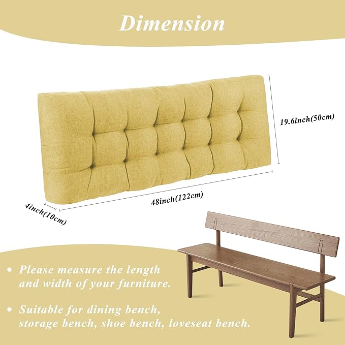Bench Cushion for Indoor Furniture 48 x 19 inch Rectangle Bench Seat Cushion for Bay Window Entryway Bench Thick Textured Chair Cushion with Non-Slip Backing 1 Pack, Yellow
