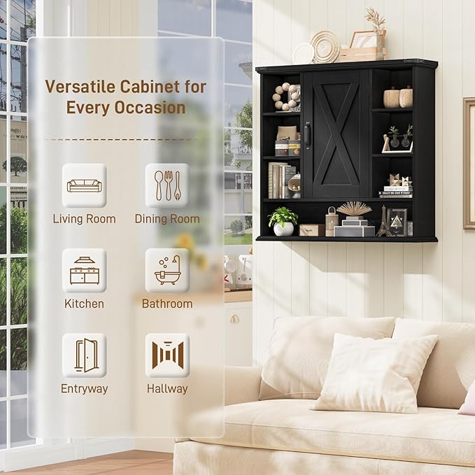 Halitaa Bathroom Wall Cabinet, Farmhouse Medicine Cabinet with Adjustable Shelves and Barn Doors, Large Wall Mounted Over the Toilet Storage Cabinet for Bathroom, Laundry Room, Kitchen, Rustic Black