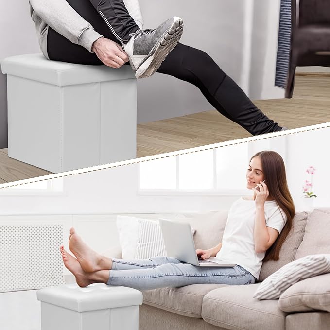Athena Collection Leather Square Ottoman with Storage, 15 Inch Small Storage Ottoman, Multipurpose Footstool Foot Rest for Living Room, Bedroom, Dorm, White