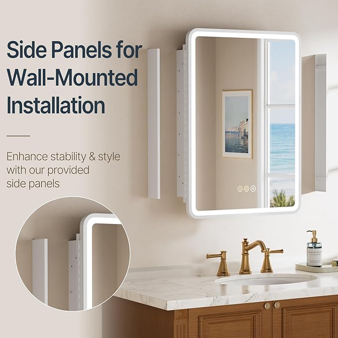 20x28 Inch Medicine Cabinet with Mirror, Recessed or Surface Mount Bathroom Medicine Cabinet with LED Lights, Anti-Fog, Memory Function, Adjustable Shelf, Dimmable Light, ETL Listed, White,Left Hinge