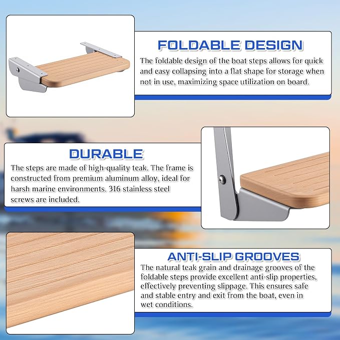SiliFine 12 x 6.1 x 7.87 Inches Boat Fold up Footrest Foldable Teak Footrest for Boats Helm Wall Mounted Foldable Step Teak and Aluminum Hardware for Boat, Yacht, RV, Home, and More
