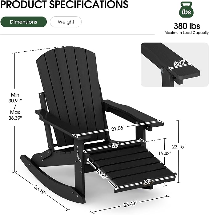 Adjustable Adirondack Rocking Chair with Retractable Ottoman Footrest, 4-in-1 Foldable HDPE Outdoor Rocker, Weather Resistant Adirondack Chair for Porch, Garden & Poolside, Black