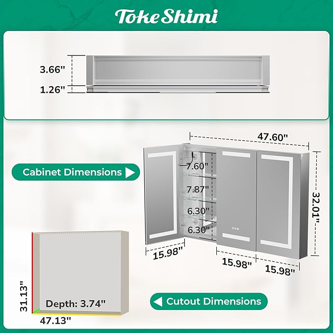 TokeShimi 48x32 Lighted Medicine Cabinet with Mirrored and Sockets, Anti-Fog Led Medicine Cabinet Mirror with Lights 3 Colors Dimmable, Frontlit Mirror with Storage Bathroom Vanity, Surface/Recessed