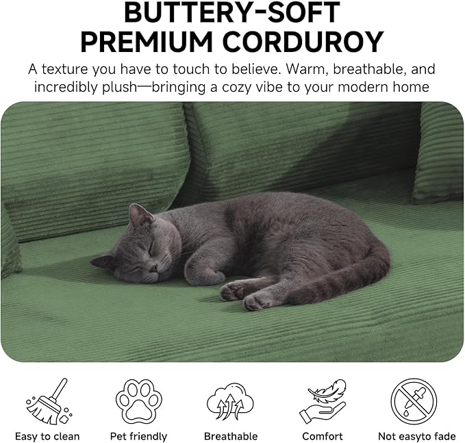 79" Boneless Couches for Living Room, Corduroy Sofa Bed with 2 Pillows,Side Pockets,Hex Arm, 5-in-1 Loveseat Sleeper Sofa for Small Spaces, High-Density Foam Couch, No Assembly, Olive Green