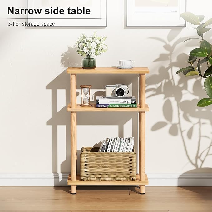Apicizon Small Narrow Side Table, 3-Tier Skinny End Table for Small Spaces, Slim Nightstand with Storage Shelf, Bedside Table for Living Room, Bedroom, Natural