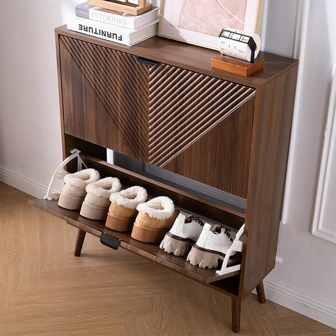 oakvivo Shoe Cabinet Storage, Farmhouse Freestanding Organizer with 2 Flip Drawers and 4 Wooden feet, Narrow Shoe Rack Cabinet for Entryway, Foyer, Hallway, Walnut