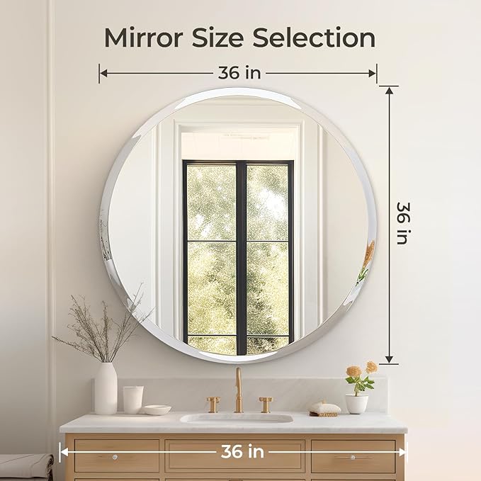 USHOWER 36" Round Frameless Wall Mirror with Beveled Edge - Circle Mirror for Bathroom & Vanity, Elegant & Simple Look
