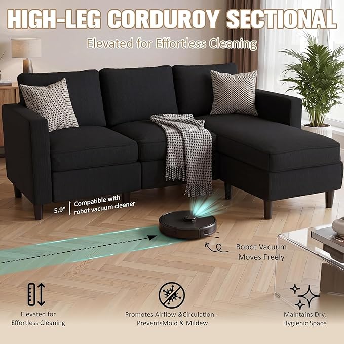 JAMFLY Sectional Sofa for Living Room, 3-Seat Reversible Couch with Convertible Ottoman, Modern L-Shaped Sofas for Small Apartment, Studio & Office, Tool-Free Easy Assembly, Black
