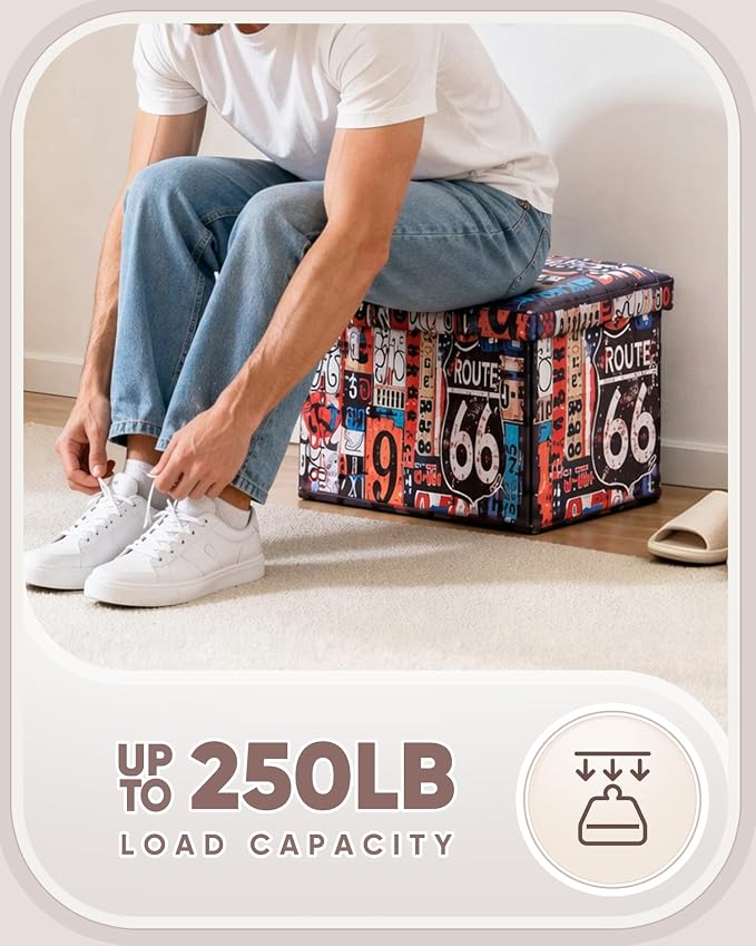 B FSOBEIIALEO Route 66 Storage Ottoman Bench, Faux Leather Foot Rest Seat for Living Room, Storage Organizer 16.54"x12.6"x12.6"