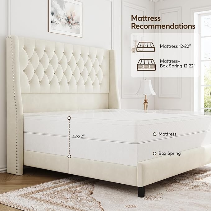 Full Bed Frame with 55" Tall Headboard, Upholstered Bed Frames, Soft Fabric, Button Tufted Headboard with Windback, Platform Bed, Noise-Free, No Box Spring Needed, Beige