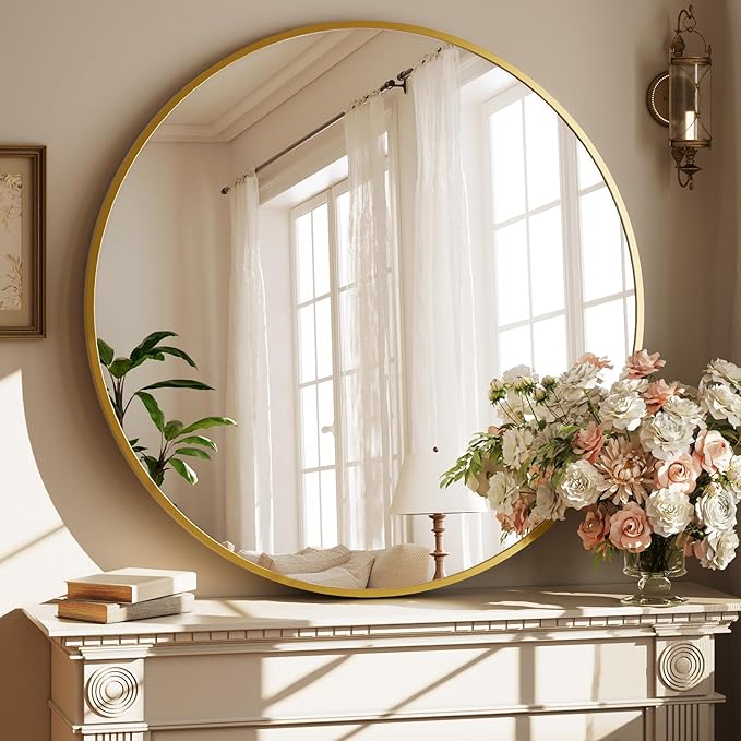 XRAMFY 40 Inch Round Mirror - Circle Mirrors for Bathroom, Entryway and Living Room Wall Decor, Modern Hanging Vanity Mirror, Matte Gold Circle Decorative Wall Mirror