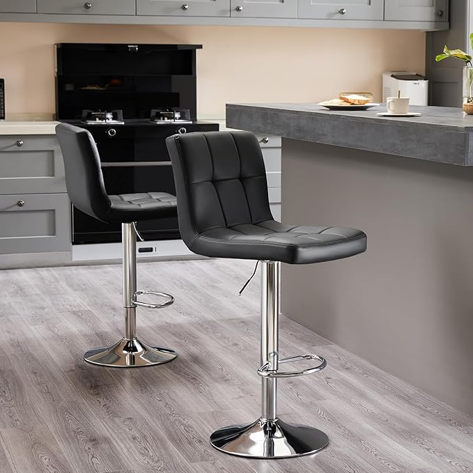 Sweetcrispy Bar Stools Set of 4, Armless PU Leather Adjustable Swivel Barstools, Hydraulic Kitchen Counter Height Thickened Seat Cushion Square Island Countertop Chairs with Back, Black