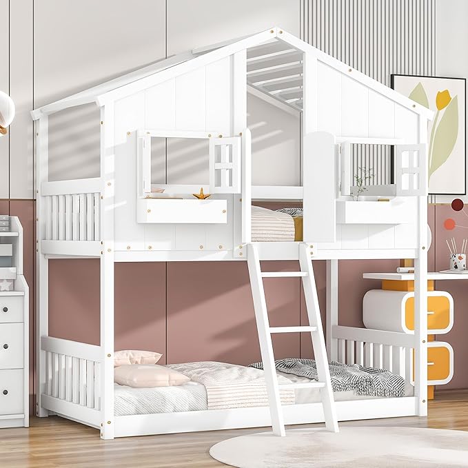 Wooden Twin Over Twin Floor Bunk House Bed with Door and Window Built-in Storage Box, Low Loft Bunk Bed for Kids Girls Boys Adults, No Box Spring Needed, White