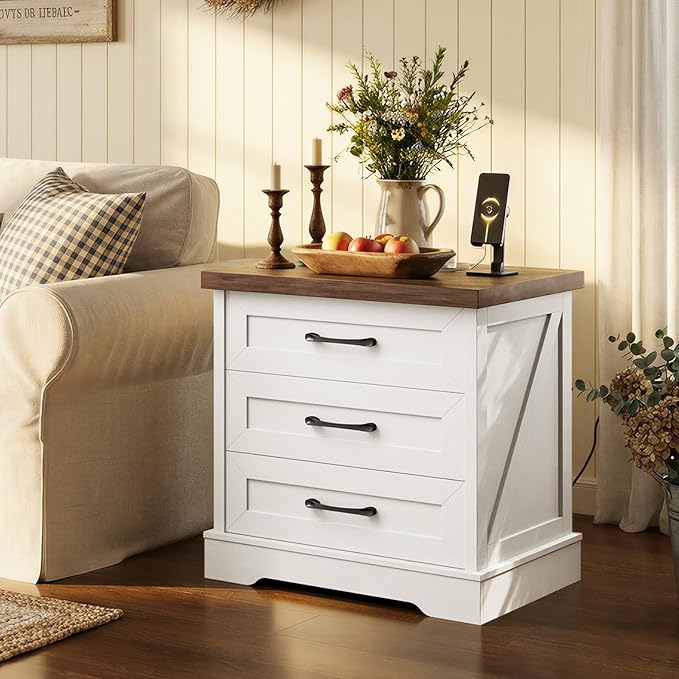 AODK 24 Inch Farmhouse Nightstands with Charging Station, Bedside Tables with Three Drawers, Bed Side Table with Storage, End Tables with Outlet and USB for Bedroom, Living Room, White & Dark Walnut