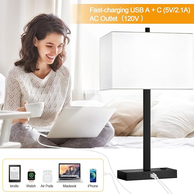 Lynnoland 21" Set of 2 Table lamp with USB A+C & AC Outlets, Touch Control 3-Way Dimmable Nightstand Lamps for Bedroom Living Room Office Reading, White Shade Touch Lamps, 5000K LED Bulbs Included