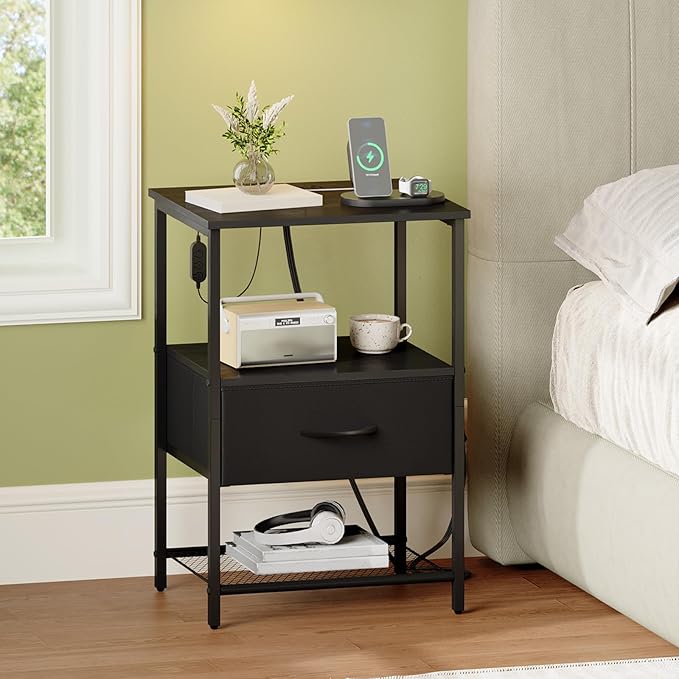 Somdot Nightstand with Charging Station and LED Light for Bedroom, Bedside Table End Table for Dorm Guest Room Bedside Kids Laundry Closet Entryway Hallway, Black