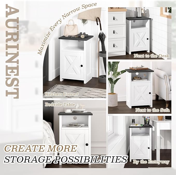 Farmhouse End Table Set of 2 w/Charging Station, Nightstands w/Barn Door&Storage Shelf, Rustic Bedside Table for Living Room, Bedroom, Entryway, Office, Small Spaces, White