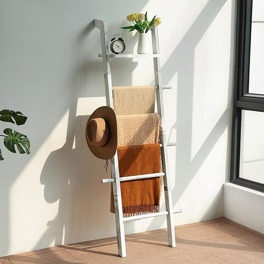 Taozun 67-Inch Farmhouse Blanket Ladder with Shelf and Hooks, 5-Tier Wooden Wall Leaning Towel Quilt Rack Holder for Living Room Decor