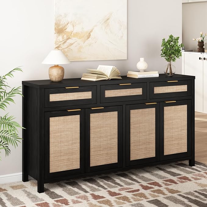 HOKYHOKY 2 Piece Rattan Sideboard Buffet Cabinet, Boho Storage Cabinet with Adjustable Shelves, Farmhouse Credenza Coffee Bar Cabinets with Doors & Drawers for Living Room, Hallway&Kitchen