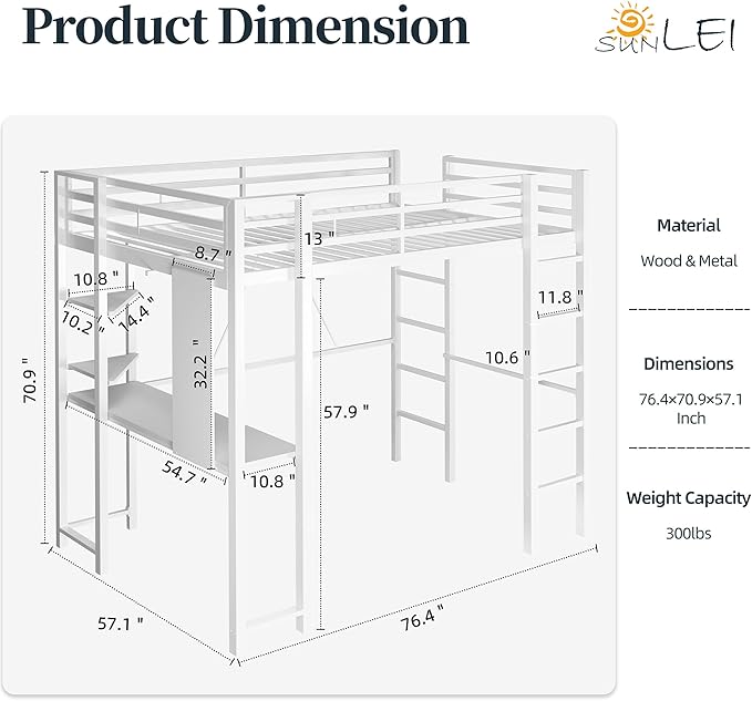 SUNLEI Loft Bed Full Size with Desk and Safety Guard Rail, Full Size Metal Bed Frame with Double Layer Shelves for Storage, 2 Security Ladders No Box Spring Needed, Snowy White