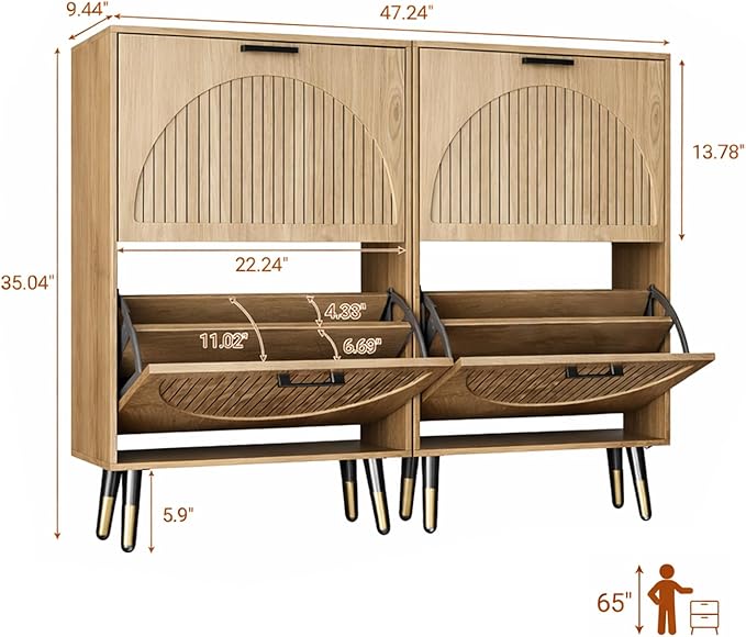 Farmhouse Shoe Cabinet Storage for Entryway, Slim Shoe Rack Cabinet with 4 Flip Drawers, Narrow Shoe Organizer Cabinet with Stylish Round Panel, Metal Leg and Handle