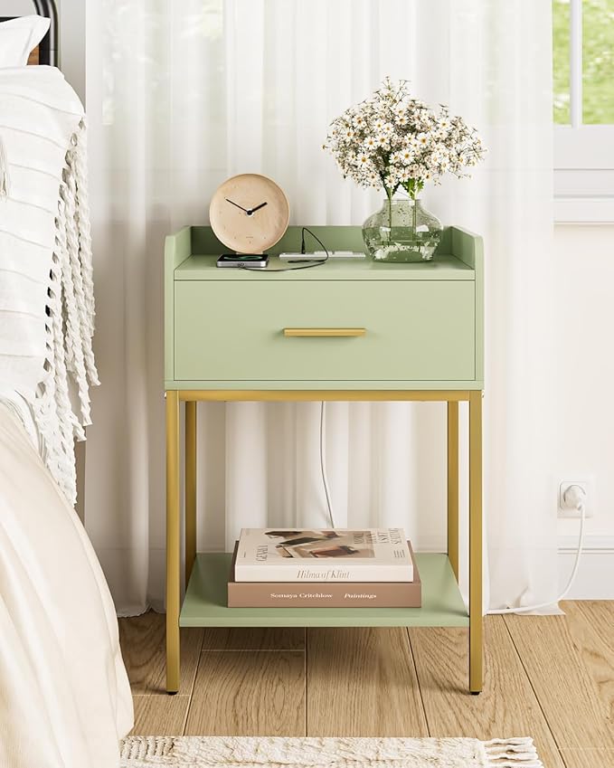 Nightstand with Charging Station,3-Tier Modern Bedside Table Night Stand with Storage Drawer and Open Shelf,Small End Side Table for Bedroom,Living Room,Green