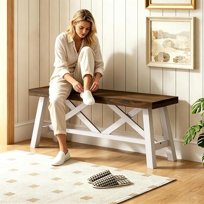 Wnutrees 43" Farmhouse Wood Bench, Rustic Solid Wood Entryway Bench Seat with Double X-Structure for Dining Area Living Room Hallway, Structural Stability, White