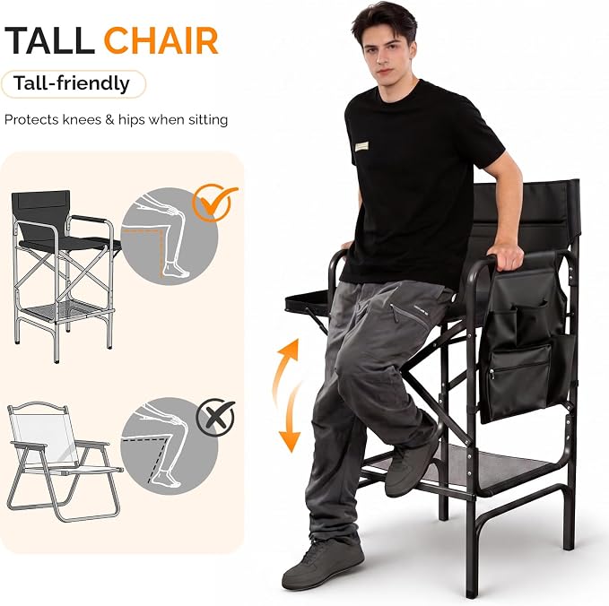 VINGLI 31" Tall Director's Chair for Makeup Artist, Aluminum Portable Makeup Chair with Retractable Side Table & Footrest,Supports 300 lbs, Foldable Makeup Chair for Studio, Black & Black