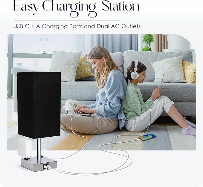 Set of 2 Bedside Table Lamp 3 Way Dimmable Nightstand Lamp with USB C & USB A Charging Port, 2 AC Outlets, 3000K LED Bulbs (Black)