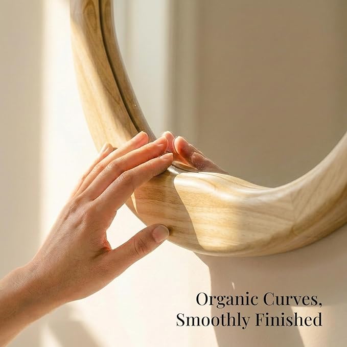 Natural Wood Round Wall Mirror 30 Inch, Large Solid Wood Framed Mirror with Wavy Inner Edge for Bathroom Vanity, Living Room & Organic Boho Decor
