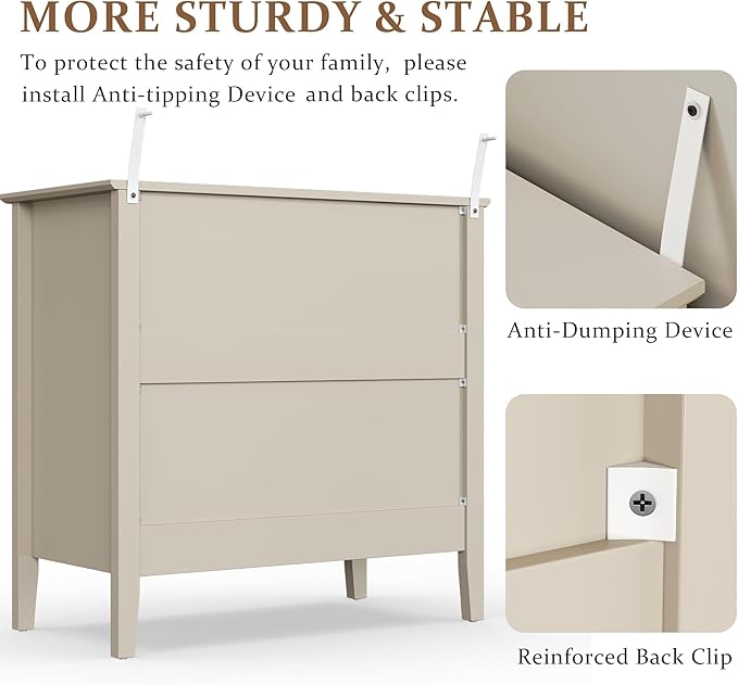 RoyalCraft 32" Large Nightstand Set of 2, Fluted Painted Bedside Table with 3 Spacious Drawers, Modern Tall End Table for Bedroom, Beige