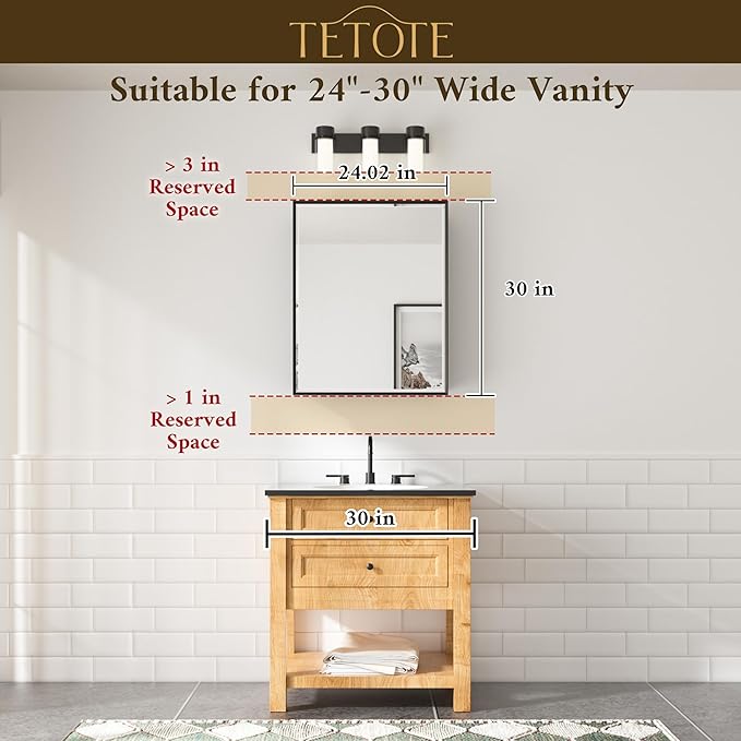 TETOTE Medicine Cabinet 24" x 30" Bathroom Mirror with Storage White Medicine Cabinet with Mirror for Bathroom, Beveled Framed, Adjustable Shelves, Surface Mount or in Wall