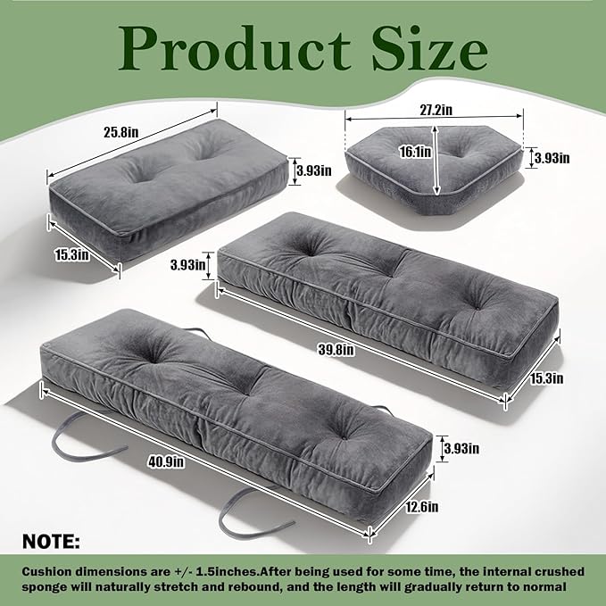 4 Piece Breakfast Nook Cushions Kitchen Corner Nook Cushion Set Shredded Foam Support 3 inch Thick Bench Seat Cushion Pad for Dining(Gray)