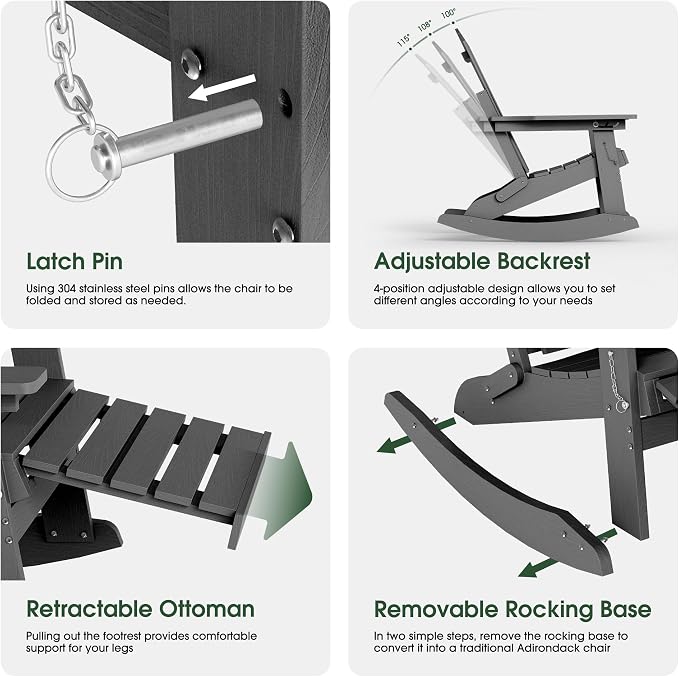 Adjustable Adirondack Rocking Chair Set of 4 with Retractable Ottoman Footrest, 4-in-1 Foldable HDPE Outdoor Rocker, Weather Resistant Adirondack Chair for Porch, Garden & Poolside, Grey