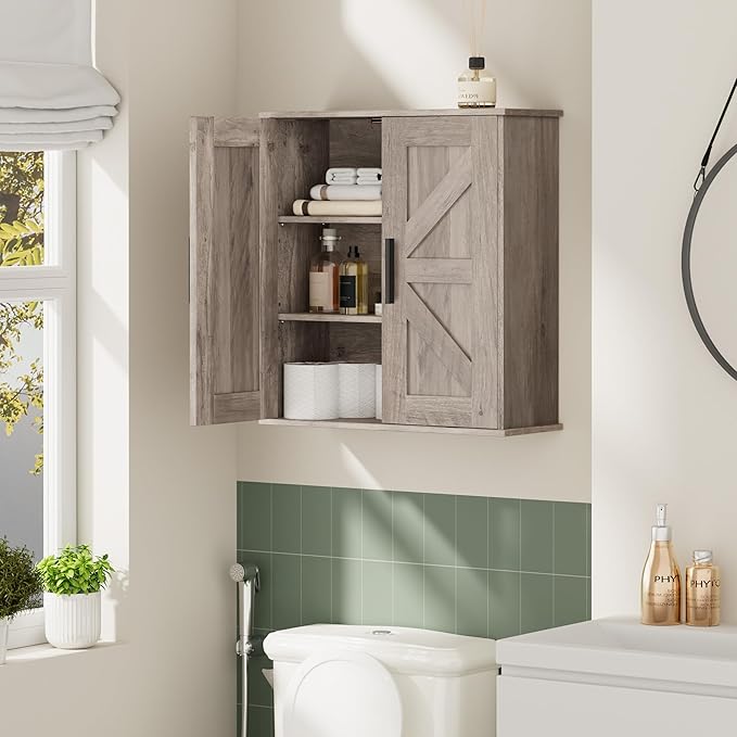 Homleke Bathroom Wall Cabinet, Over Toilet Storage Cabinet with Barn Doors and Adjustable Shelves, 3-Tier Medicine Cabinet Wall Mounted, for Bathroom, Kitchen, Entryway, Laundry Room, Greige, (7.9" D)