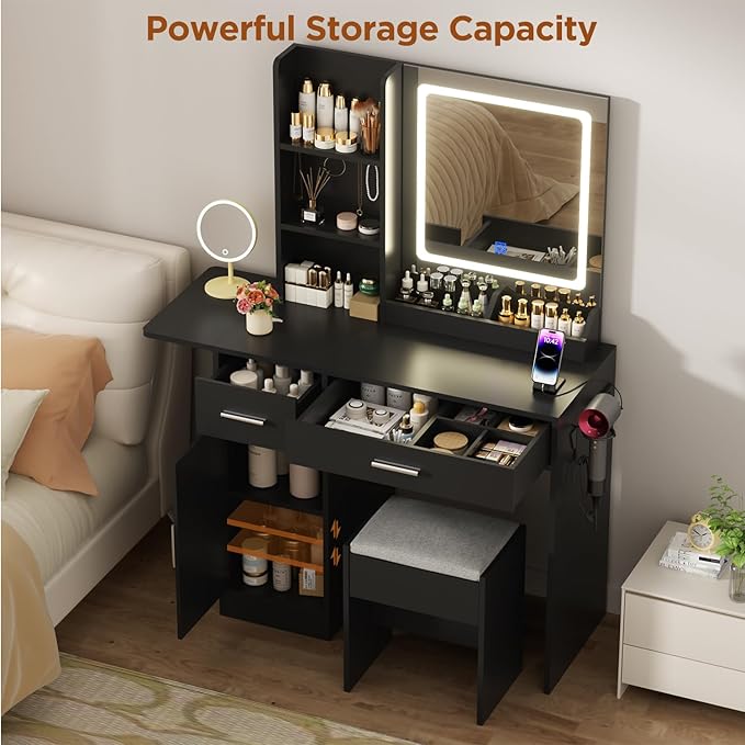 ERLEJIA Vanity Desk with Mirror and Lights & Extral Foldable Desk, 35.43" & 43.3" Makeup Vanity Table with Stool and Plug Outlet, 5 Drawers and Open Shelves Dressing Table for Bedroom,Black