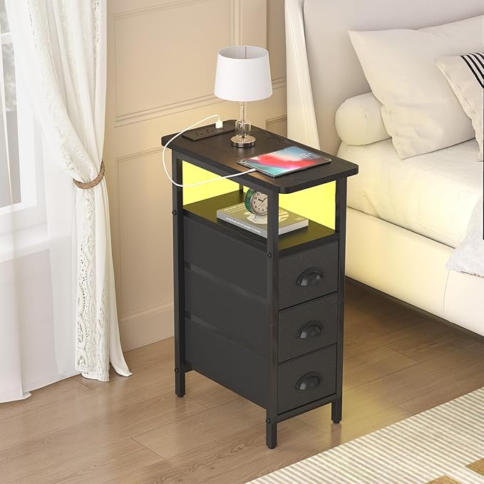 sthmec End Table with Charging Station,LED Side Tables with USB Ports and Outlets,Skinny Bedside Tables with 3 Drawers,Small Tabls Nightstands for Small Space,Slim Sofa Table for Livingroom,Black