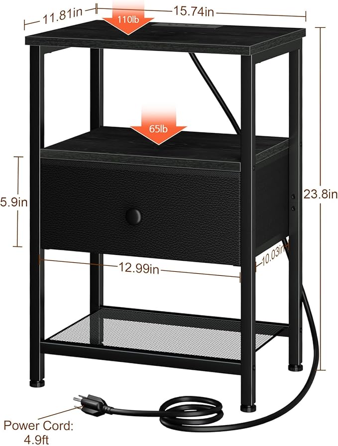 LOAKEKEL Night Stand, Nightstand with Charging Station, Slim Industrial Bedside Table with Fabric Drawer, Small End Table with USB & Type-C Ports for Bedroom, Black, HETS010BK-1