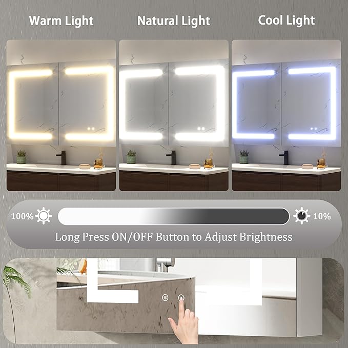 DEYGIA LED Medicine Cabinet with Mirror for Bathroom, Assembly-Free Lighted Medicine Cabinet, Defog, Stepless Dimming, 3 Colors, 2 Outlets, 2USB, Aluminum Wall Mounted Mirrored Cabinets, 36”Wx24“H