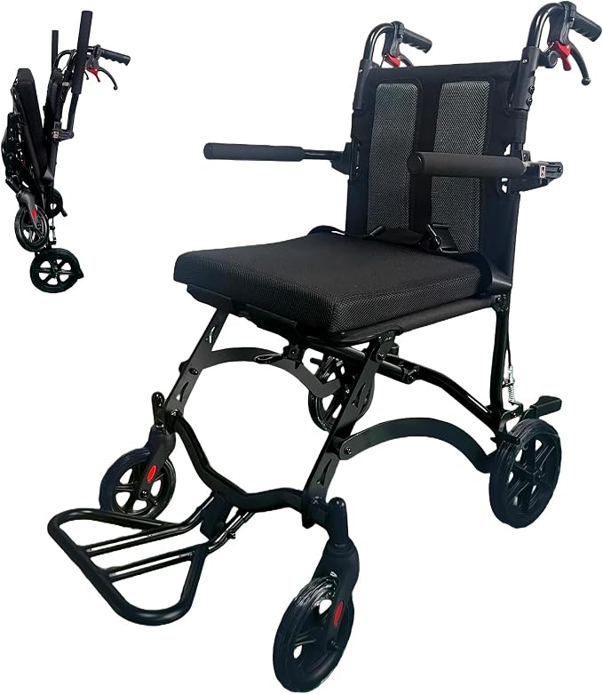 18LBS UIltra Lightweight Wheelchairs with Foldable Footrest and Armrests, Transport Wheelchair Lightweight Foldable with Handbrakes, Transport Chair for Adults Seniors Kid, 1s Quick Folding, Black