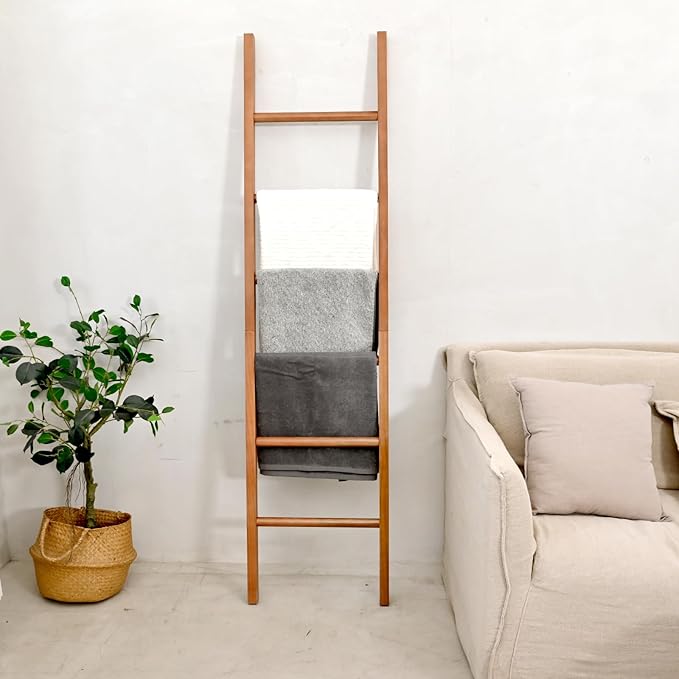 SwallowLiving 6ft Blanket Ladder, Solid Wood Towel Ladder, Rustic Decorative Ladder for Blankets, Farmhouse Wooden Quilt Rack for Living Room & Bathroom