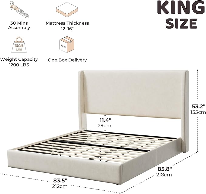 RECCI King Size Bed Frame with 53" Extra Tall Wingback Headboard, Luxury Upholstered Platform Bed Frame, Heavy Duty Support, Noise-Free, Easy Assembly, No Box Spring Needed, Beige Chenille