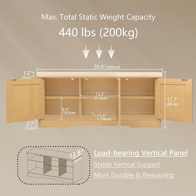 DINZI LVJ Shoe Bench, Entryway Storage Bench with Doors, Cushion, 2-Tier Shoe Rack with 6-Cubby, 39.4”L x 13.8”W Shoe Organizer Cabinet, Adjustable Shelf, Living Room, Bedroom, Natural with Rattan