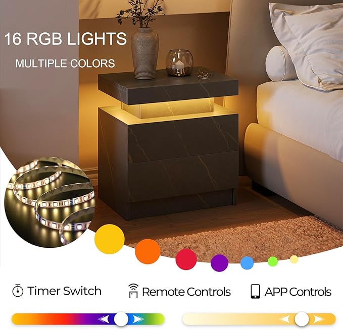 Nightstand LED Bedside Table LED Cabinet LED Lights Modern End Side Table with 2 Drawers for Bedroom Light Grey