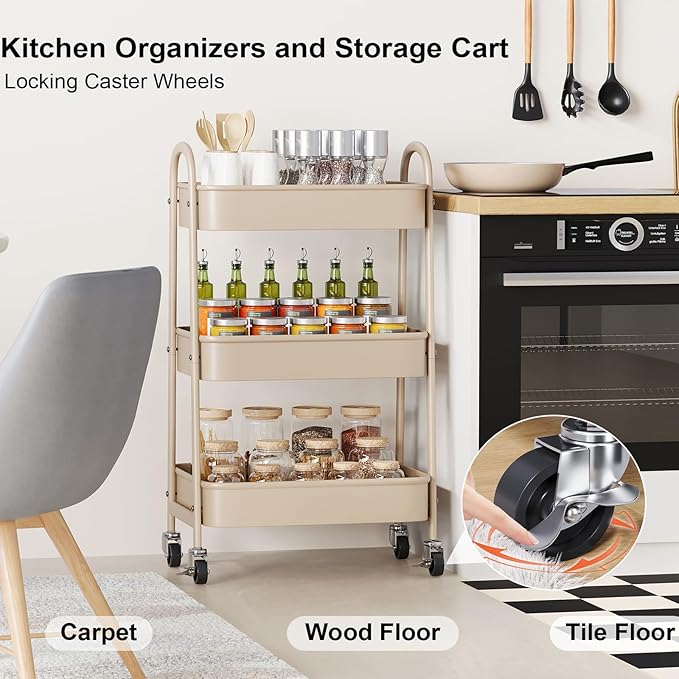 Beige 3 Tier Rolling Cart Metal on Wheels, Three Tiered Storage Organizer Utility Trolley with Wheels for Art, Craft, Baby Diaper Caddy, Snack, Book, Nail, Lash, Cleaning Supplies, Kitchen, Bathroom