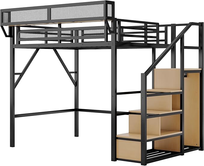 KEIKI Full Size Metal Loft Bed Frame with Convertible Staircase, Built-in Storage Shelves and Wardrobe, Loft Bed with Solid Slats, Guardrail, No Box Spring Required, Easy Assembly, for Bedroom, Black